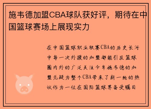 施韦德加盟CBA球队获好评，期待在中国篮球赛场上展现实力