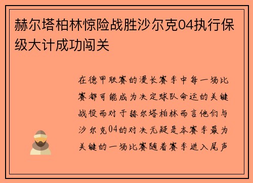 赫尔塔柏林惊险战胜沙尔克04执行保级大计成功闯关