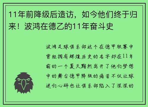 11年前降级后造访，如今他们终于归来！波鸿在德乙的11年奋斗史