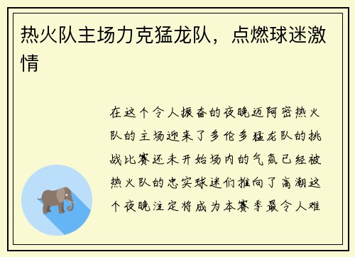 热火队主场力克猛龙队，点燃球迷激情