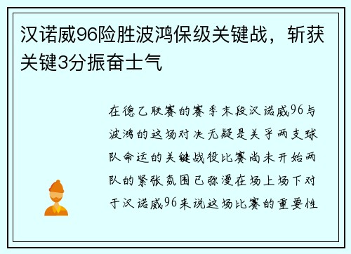 汉诺威96险胜波鸿保级关键战，斩获关键3分振奋士气